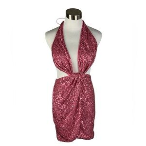 Hello Molly Pink Sequined Cut Out Mini Halter Dress Size 2